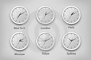 Vector 3d Realistic White Wall Office Clock Set. Time Zones of Different Cities, White Dial. Design Template of Wall
