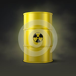 Vector 3d Realistic Yellow Barrel on Black Smoked Background, Nuclear Sign, Hazard Liquid. Caution, Radioactive