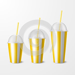 Vector 3d Realistic Yellow Striped Paper Disposable Cup Set, Lid, Straw. Beverage, Drinks, Coffee, Soda, Tea, Cocktail