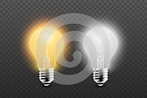 Vector 3d Realistic Yellow and White Glowing, Turned Off Electric Light Bulb Icon Set Isolated on Transparent Background