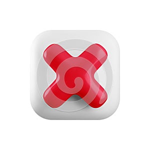 Vector 3d red cross x realistic icon. Trendy plastic wrong red check mark, delete sign on white background. No vote