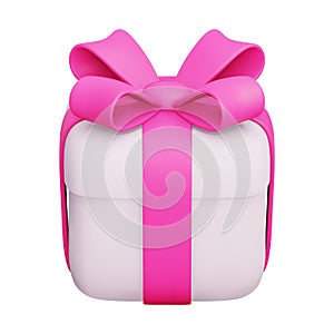 Vector 3d Render Gift Box. Closed Present Box With Pink Ribbon and Bow. For Surprise, Birthday Party, Baby Shower