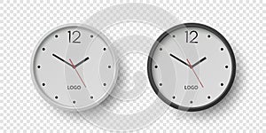 Vector 3d Round Wall Office Clock with White, Black Clock Dial Set Closeup Isolated. Watches, Design Template, Mock-up