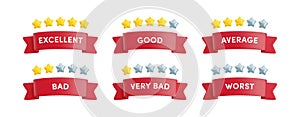 Vector 3d set of red ribbon banners with various quality ratings from excellent to worst, with five star ratings