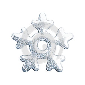 Vector 3d silver glitter snowflake icon on white background. Cute realistic Christmas, New year and winter shiny