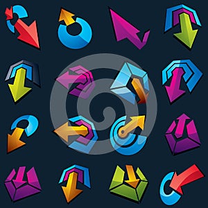 Vector 3d simple navigation pictograms collection. Set of colorful corporate abstract design elements. Arrows and circular web