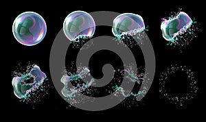 Vector 3d soap transparent bubble stages of the explosion. Water spheres, realistic balls, soapy balloons, soapsuds.