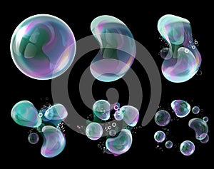 Vector 3d soap transparent bubbles in the deformation. Water spheres, realistic balls, soapy balloons, soapsuds.