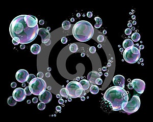 Vector 3d soap transparent bubbles, a lot of soapy ballons. Water spheres, realistic balls, soapsuds on black background