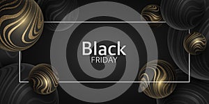 Vector 3d spheres with gold glittering wavy striped pattern. Geometric design for Black Friday sale. Bubbles background. Dynamic