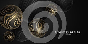 Vector 3d spheres with gold glittering wavy striped pattern. Geometry design. Elegant abstract bubble background. Dynamic balls.