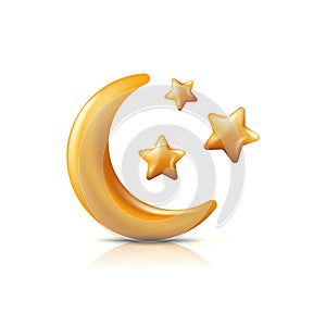 Vector 3d style illustration of golden moon and stars. Decorative gold holiday icons and design elements