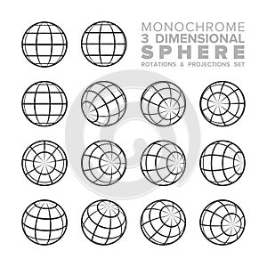 Vector 3d three dimensional monochrome sphere rotations and projections set