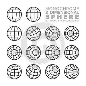 Vector 3d three dimensional monochrome sphere rotations and projections set