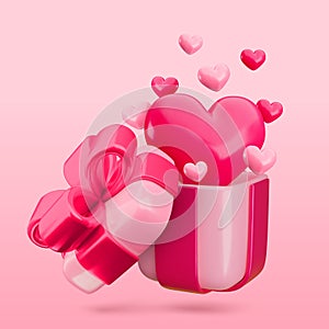 Vector 3d Valentines gift box concept. Cute love pink open present with red ribbon, bow and hearts. Realistic 3d render