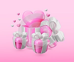 Vector 3d Valentines gift box concept. Cute love pink open present with silver ribbon, bow and hearts. Realistic 3d