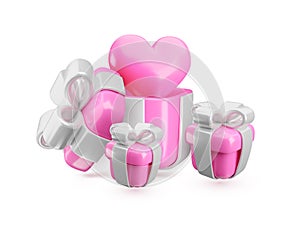 Vector 3d Valentines love gift box concept. Cute pink open present with silver ribbon and hearts. Realistic 3d render