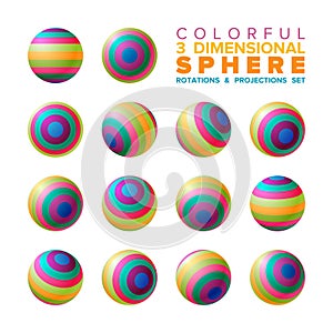 Vector 3d vibrant color striped sphere rotations and projections set