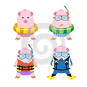 Vector 4 Cartoon Pigs in Summer Clothes for Sea Travel