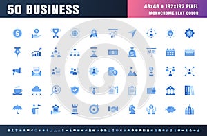 Vector of 50 Business and Financial Solid Monochrome Flat Color Icon Set. 48x48 and 192x192 Pixel