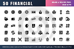 Vector of 50 Currency FInancial. Balck Solid Glyph Icon Set. 48x48 Pixel Perfect