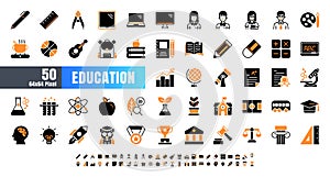 Vector of 50 Education and School Subject. Bicolor Solid Glyph Icon Set. 64x64 and 256x256 Pixel