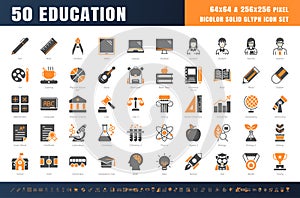 Vector of 50 Education and School Subject. Bicolor Solid Glyph Icon Set. 64x64 and 256x256 Pixel Perfect Editable Stroke. Vector