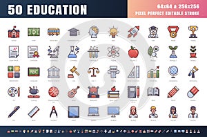 Vector of 50 Education and School Subject. Filled Gradient Color Line Outline Icon Set. 64x64 and 256x256 Pixel Perfect Editable