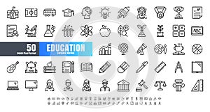 Vector of 50 Education and School Subject Line Outline Icon Set. 64x64 and 256x256 Pixel Perfect Editable Stroke