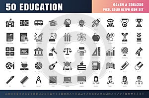 Vector of 50 Education and School Subject solid Glyph Icon Set. 64x64 and 256x256 Pixel