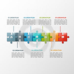 Vector 7 steps puzzle style timeline infographic template.