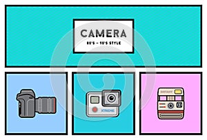 Vector 80's or 90's Stylish Photo Camera Icon Set with Retro Col
