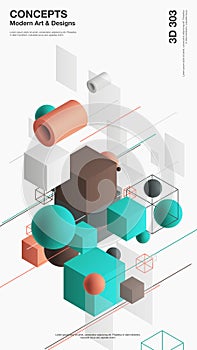 Vector abstract 3D visualization background, template modern composition of geometric shapes in isometric . Cube, sphere