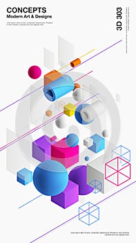 Vector abstract 3D visualization background, template modern composition of geometric shapes in isometric . Cube, sphere