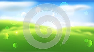 Vector abstract background with blur. Green grass, sky, clouds,