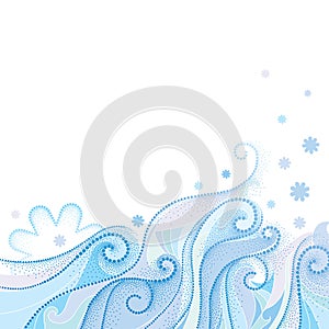 Vector abstract background with dotted curly swirls, blue wavy lines and snowflakes isolated on white background.