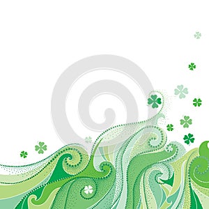 Vector abstract background with dotted lucky four leaf clover or shamrock, curly lines and swirls in green isolated on white.