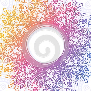 Vector abstract background with hand drawn round rainbow ornamental frame. Circular ornament.