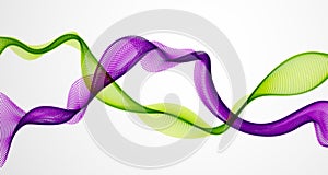 Vector abstract background with mutual wave of flowing particles, smooth curve double shape lines, particle array flow. 3d shape