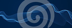 Vector abstract background with wave of flowing particles over dark, smooth curve shape lines, particle array flow. 3d shape