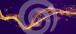 Vector abstract background with wave of flowing particles over dark, smooth curve shape lines, particle array flow. 3d shape