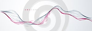 Vector abstract background with wave of flowing particles, smooth curve shape lines, particle array flow. 3d shape dots blended