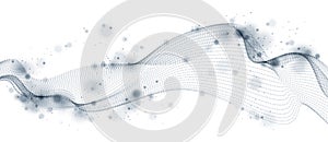 Vector abstract background with wave of flowing particles, smooth curve shape lines, particle array flow. 3d shape dots blended