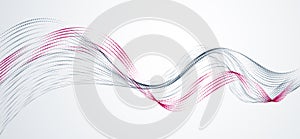 Vector abstract background with wave of flowing particles, smooth curve shape lines, particle array flow. 3d shape dots blended