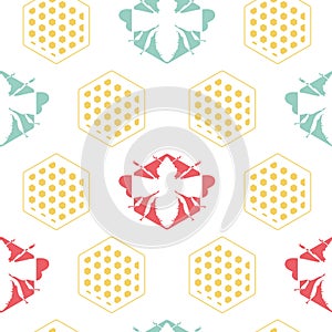 Vector Abstract Bees and Honeycomb in Vibrant Colors seamless pattern background. Perfect for fabric, scrapbooking and