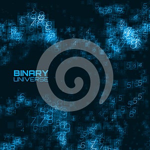 Vector abstract big data visualization. Blue glowing data flow as binary numbers. Computer code representation.