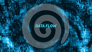 Vector abstract big data visualization. Blue glowing data flow as binary numbers. Computer code representation