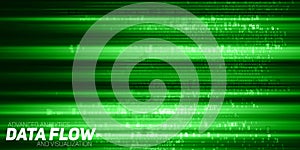 Vector abstract big data visualization. Green flow of data as numbers strings. Information code representation.