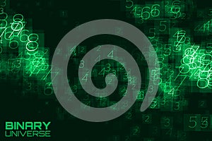 Vector abstract big data visualization. Green glowing data flow as binary numbers. Computer code representation.