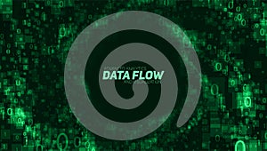 Vector abstract big data visualization. Green glowing data flow as binary numbers. Computer code representation